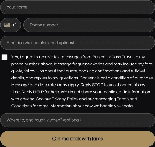 Callback request form: US +1 selected, optional SMS consent unchecked, policy links shown