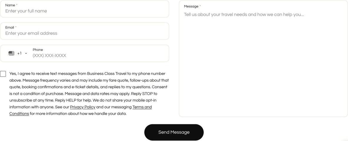 Contact form: US +1 selected, optional SMS consent unchecked, policy links shown