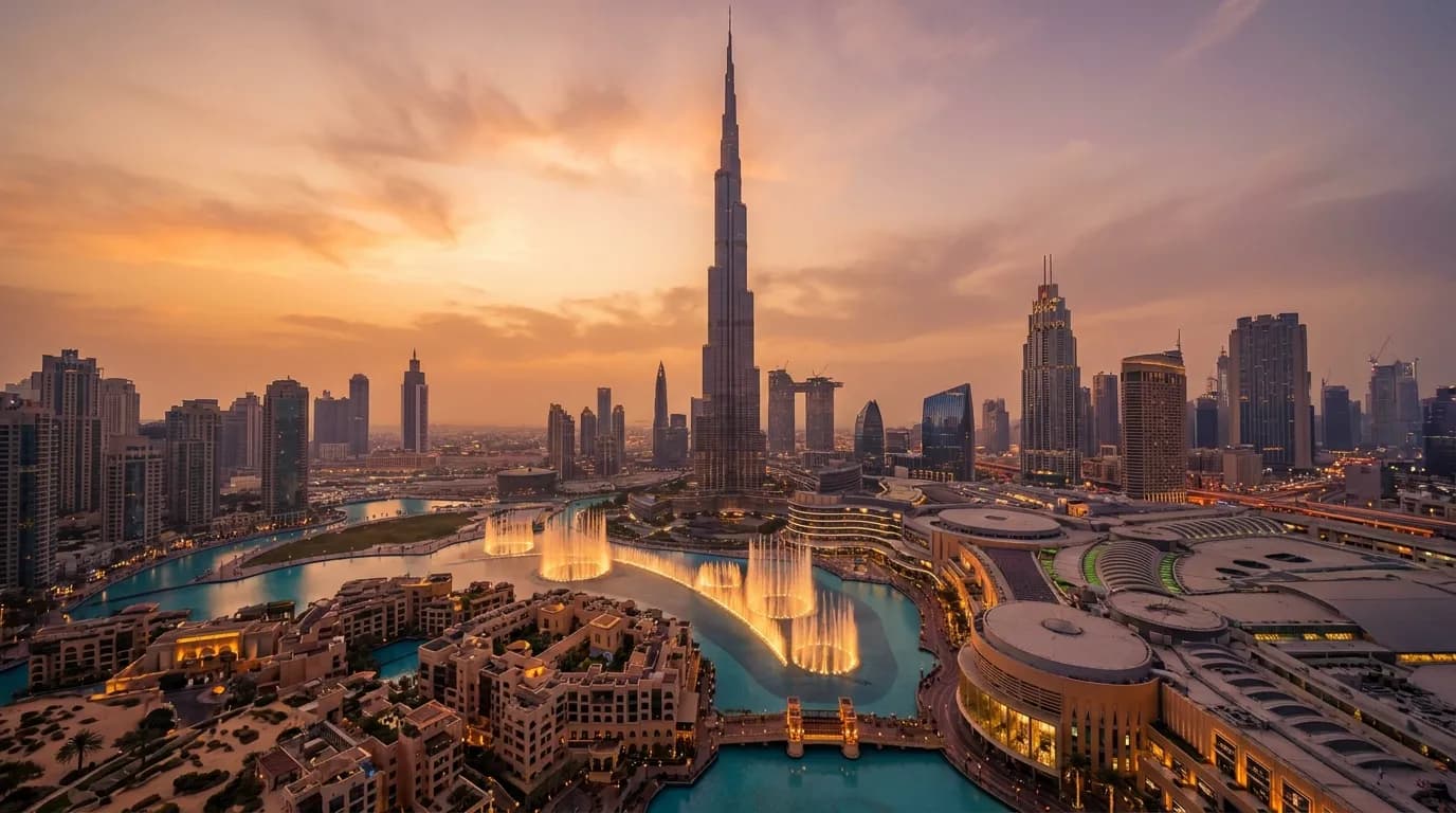 Dubai at golden hour - Emirates Business Class destination