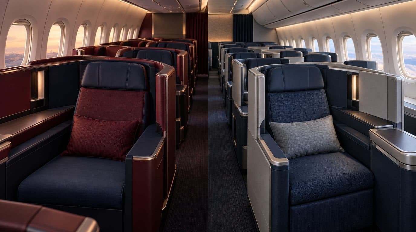 Illustration: Delta One and United Polaris Business Class cabins side by side
