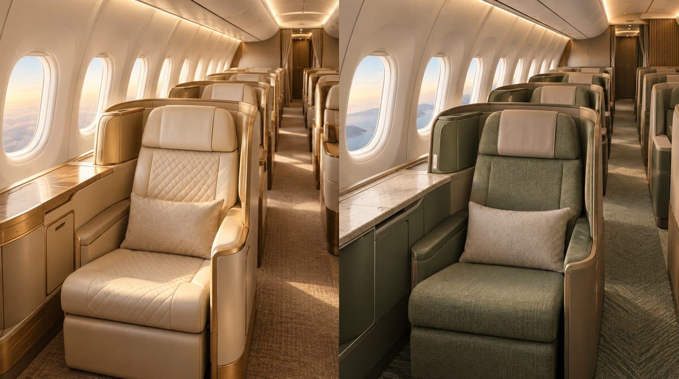Illustration: Emirates and Etihad Airways Business Class cabins side by side