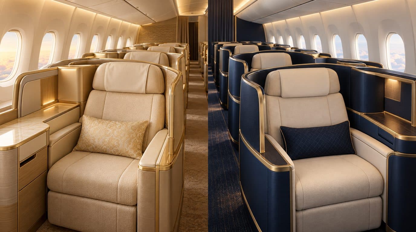 Illustration: Emirates and Singapore Airlines Business Class cabins side by side