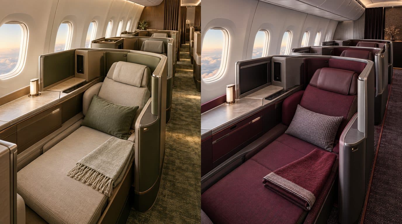 Illustration: Etihad Airways and Qatar Airways Business Class cabins side by side
