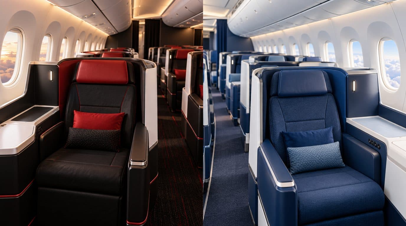 Illustration: JAL (Japan Airlines) and ANA (All Nippon Airways) Business Class cabins side by side
