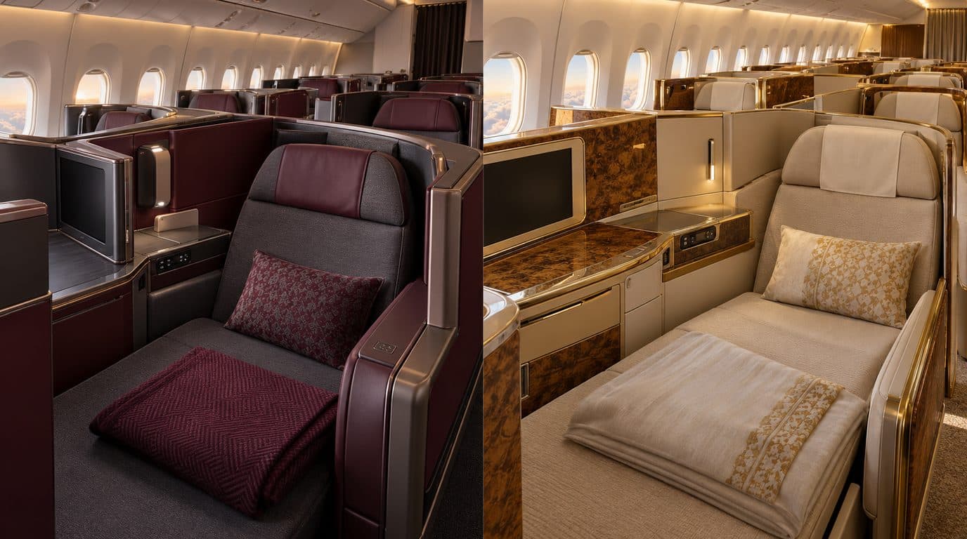 Illustration: Qatar Airways and Emirates Business Class cabins side by side