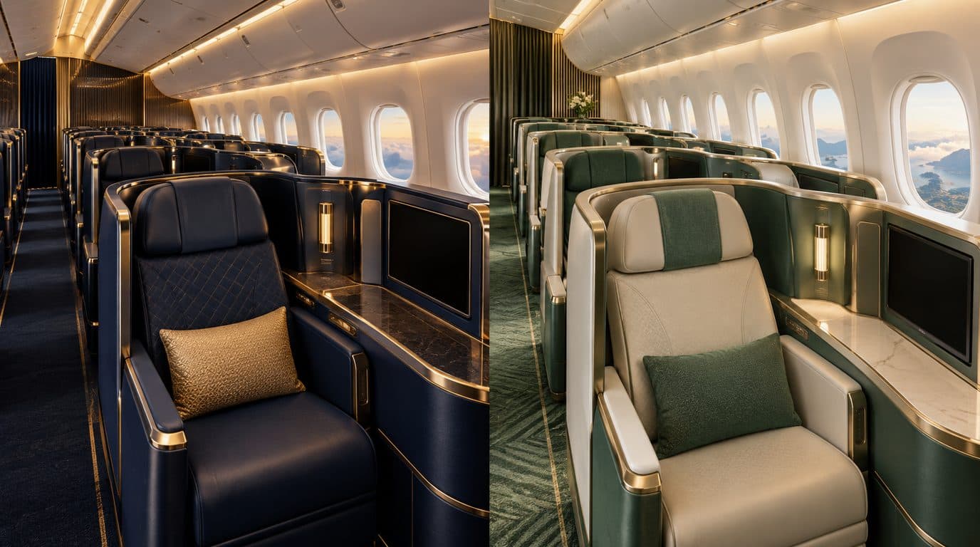 Illustration: Singapore Airlines and Cathay Pacific Business Class cabins side by side