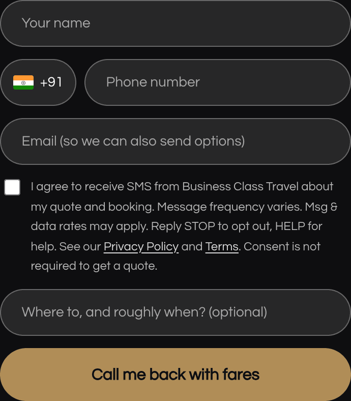 Callback request form on businessclasstravel.us/get-fares with the unchecked SMS consent checkbox