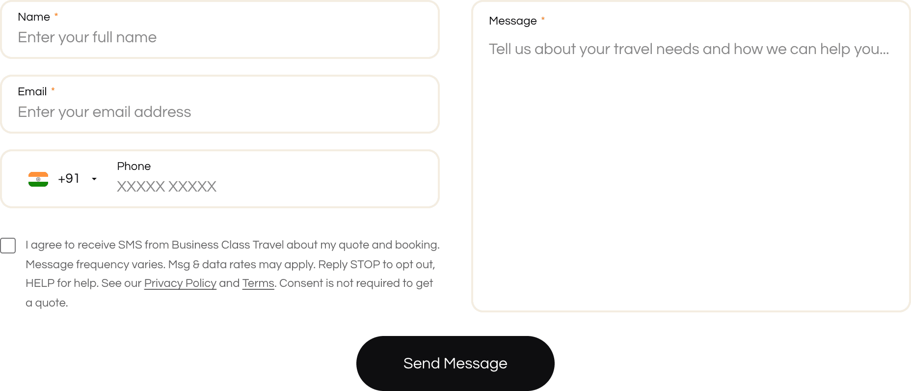 Contact form on businessclasstravel.us/contact-us with the unchecked SMS consent checkbox below the phone field